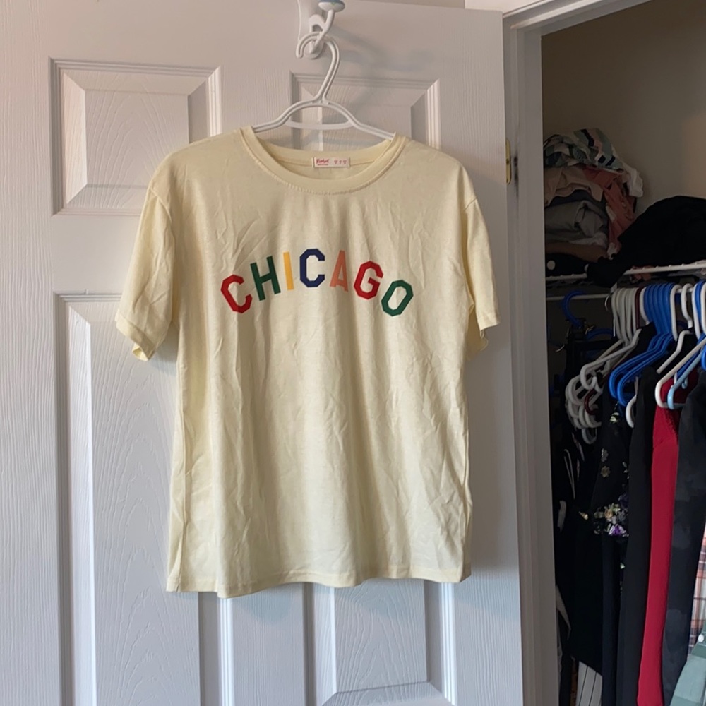 Yellow with colourful lettering ROMWE t-shirt. M